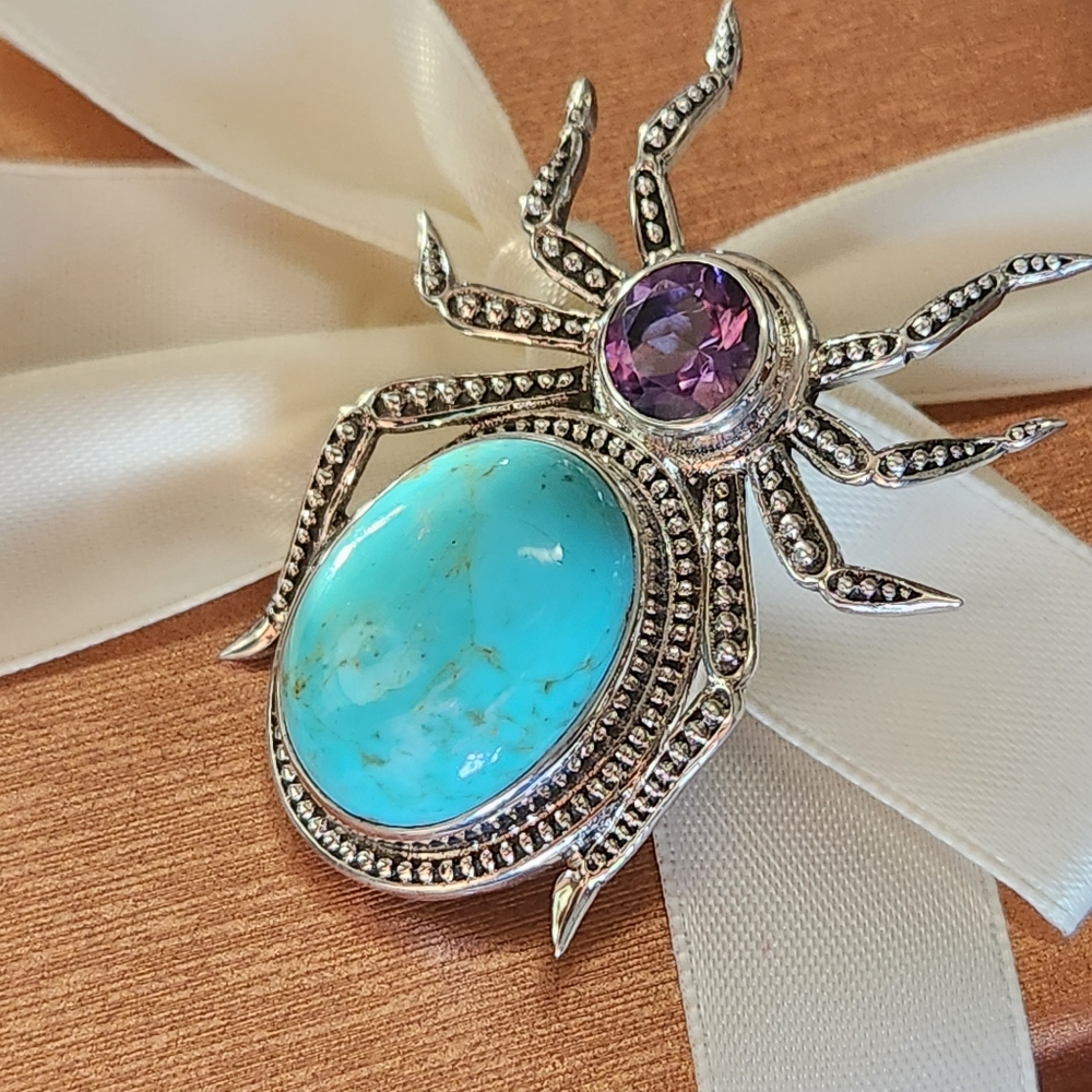 NICKY BUTLER 925 Sterling Silver Turquoise Amethyst Spider Brooch Pendant NB π· - Picture 9 of 13